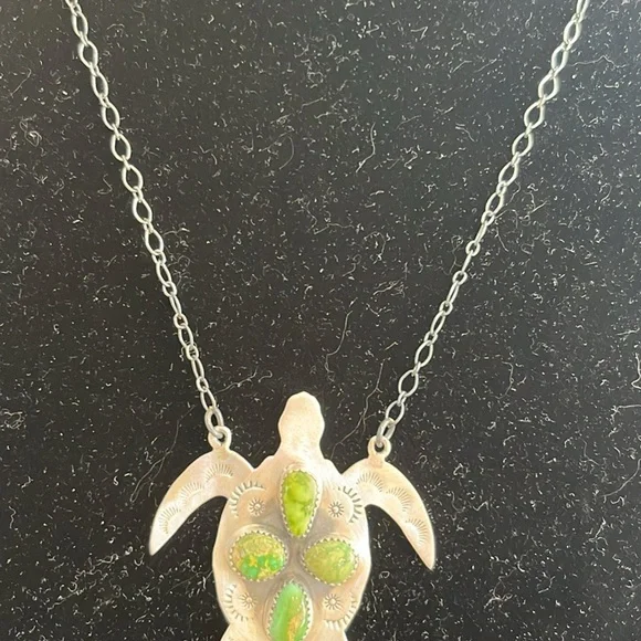 Silver Turtle Pendant Necklace with Palomino Stones - Picture 2 of 6